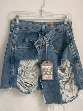 Furst of a Kind Reconstructed Vintage Denim Asymmetric
Distressed Mini Skirt